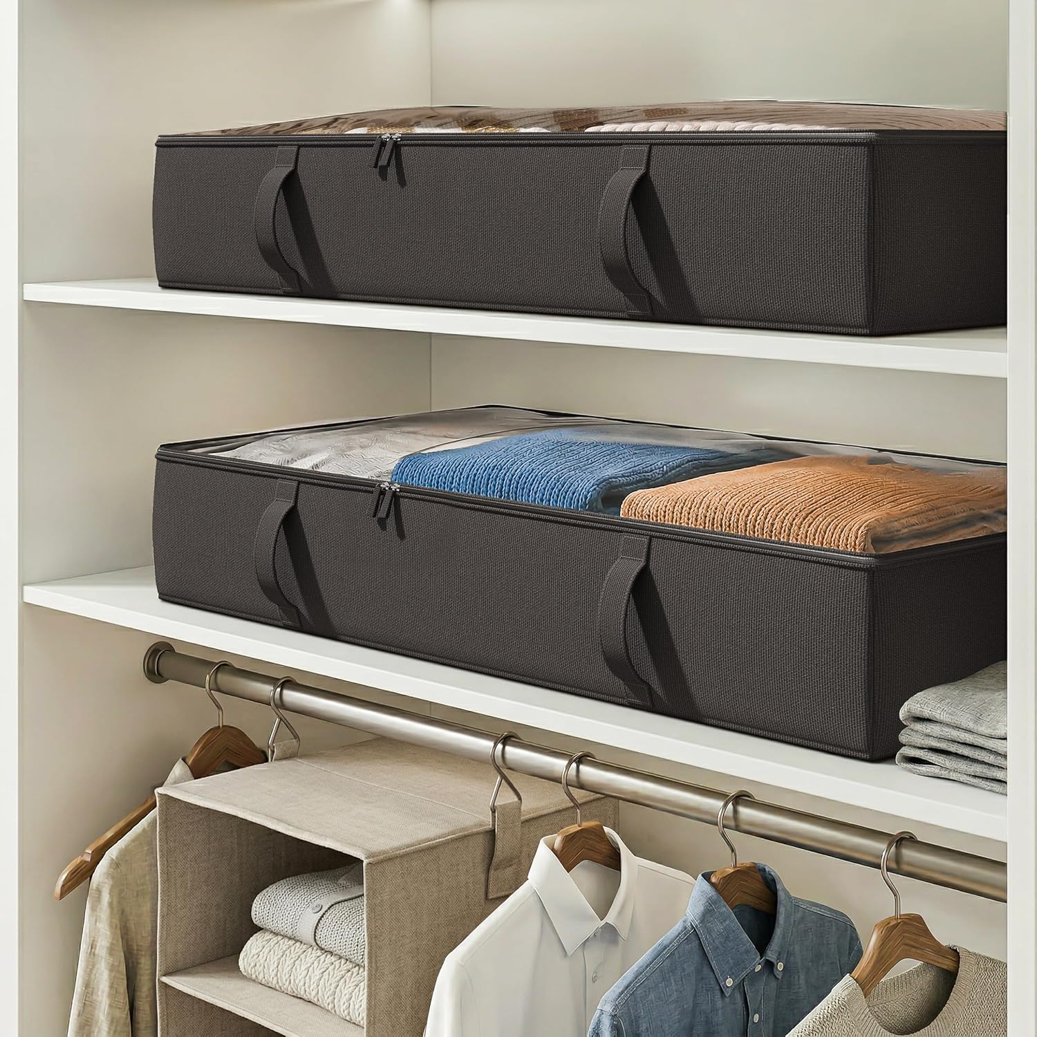 Side-Supported Under Bed Storage Containers, 6 Inch 60L Clothes Storage Bin | Underbed Storage Bin with Sturdy Handles and Sidewalls, Closet Organizer for Clothes, Blankets, Seasonal Items, Black, 2 Pack