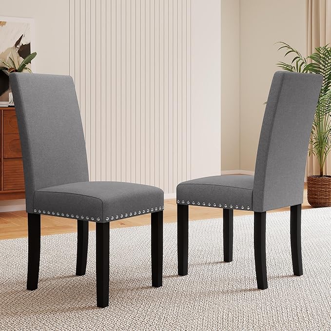LSSPAID Dining Chairs Set of 6, Fabric Upholstered Dining Room Parson Chair with Nailhead Trim and Solid Wood Legs for Home and Kitchen, Gray