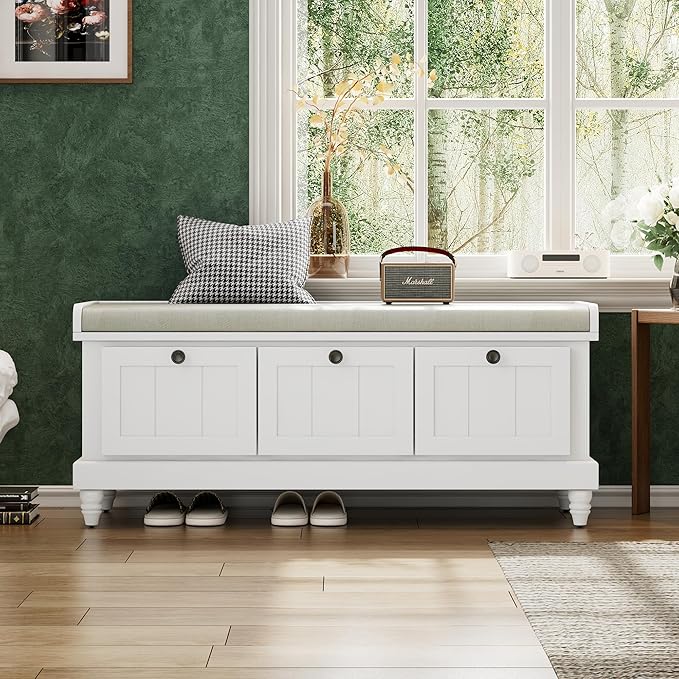 Merax Classic Storage Bench with Cushioned Seat and Three Drawers for Entryway & Living Room & Bedroom, White