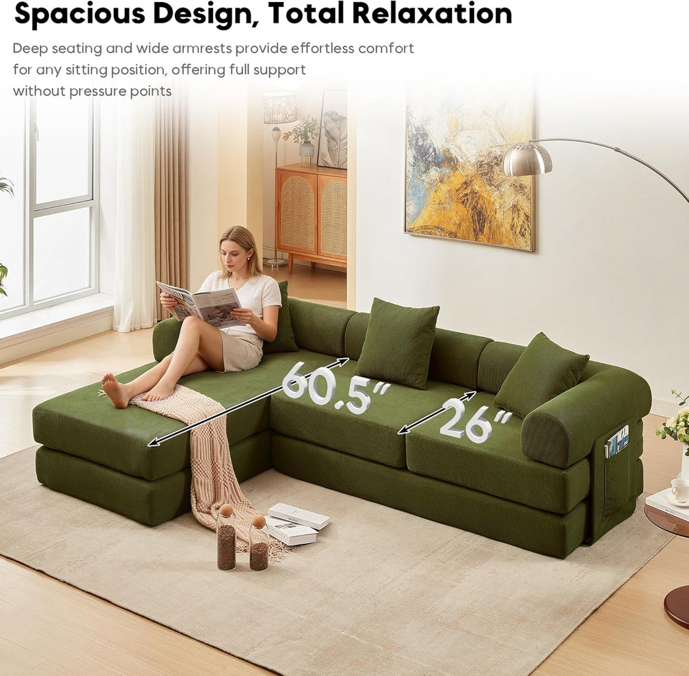 L Shaped Modular Sofa Bed with Cylindrical Pillow & Reversible Chaise, Co...