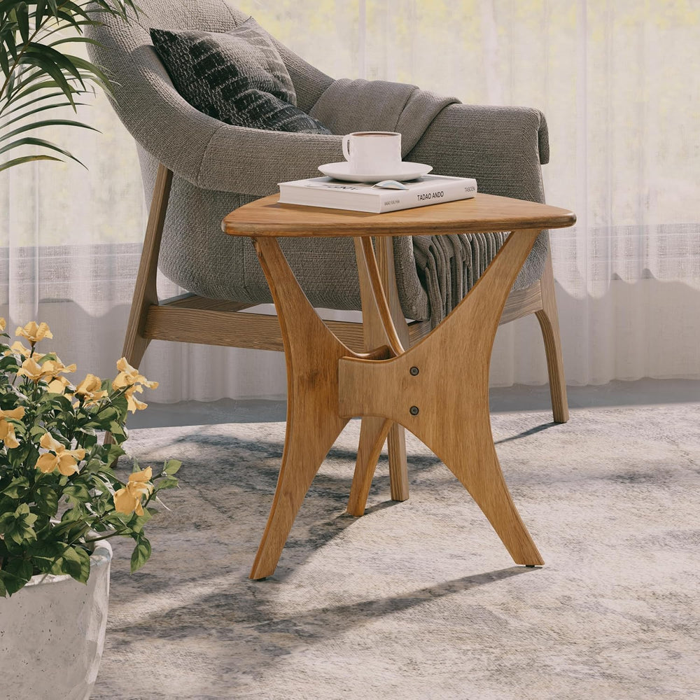 COZAYH Modern Triangle Wood End Table with Cross-Leg Rubberwood Base, Mid-Cen...