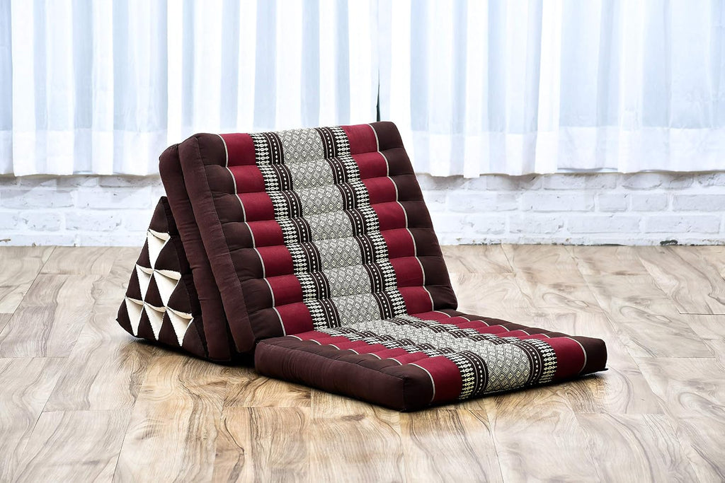 Leewadee - Comfortable Japanese Floor Mattress Used As Thai Floor Bed with Triangle Cushion, Futon Mattress Or Thai Massage Mat, 67 x 21 inches, Brown Red | Floor & lounge cushion for relaxing, reading & TV - for meditation & yoga, firm & stable