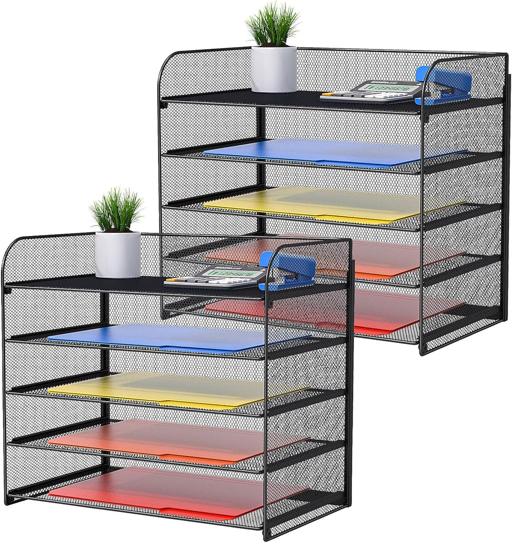 2 Pack Legal/A4/Letter Size Desk Paper Organizer Desktop File Organizer Document Sorter, 5 Tier Mesh Letter Tray File Folder Holder Office Accessories Organization