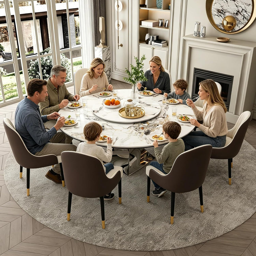 Montary 9 Piece Modern Dining Table Set of 8, Round 59" D Faux Marble Di...
