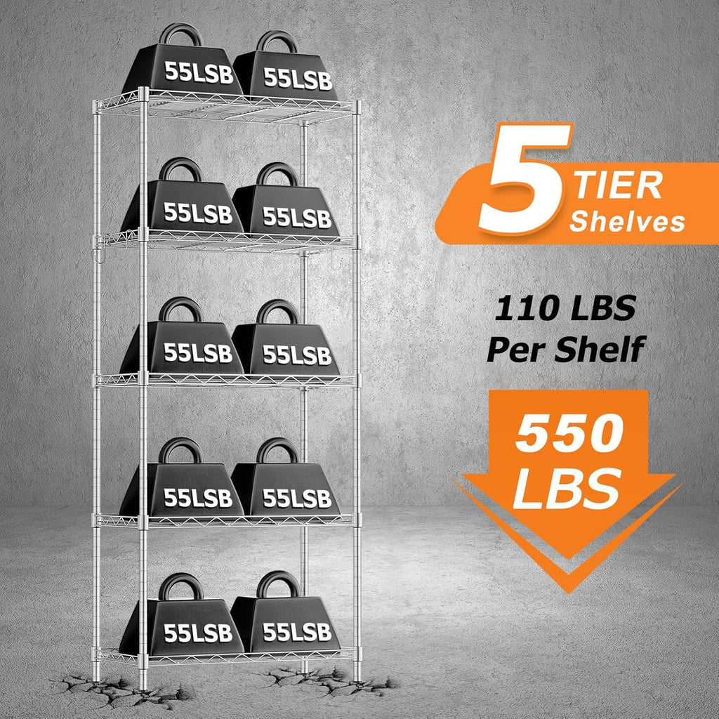 Storage Shelves,21.3" W x 11.8" D x 58.5" H Wire Shelving Unit Loads 550LBS,5-tier Adjustable Metal Utility Shelf,Garage Shelves with Liner and Hooks,Home Storage Rack for Kitchen,Laundry,Pantry