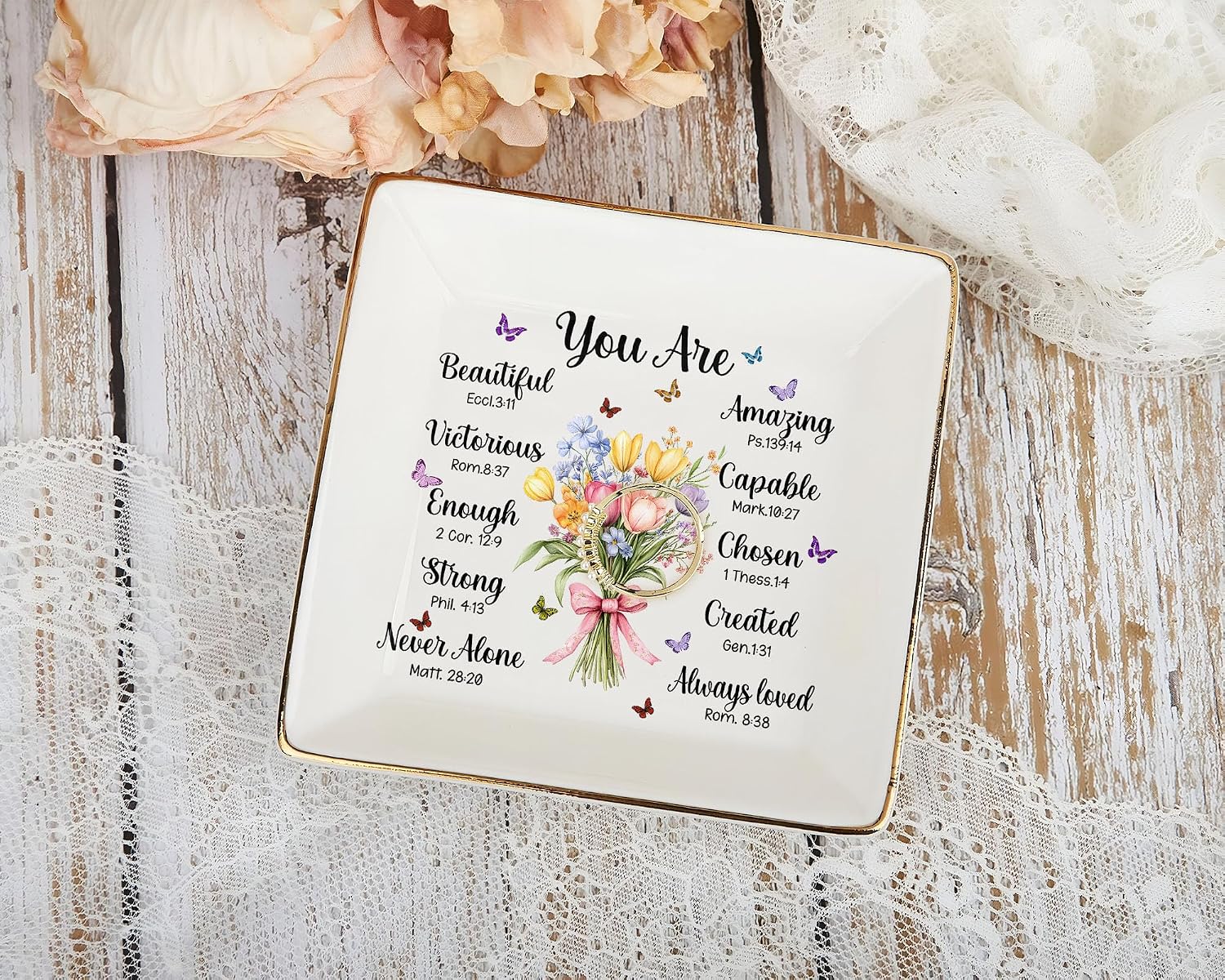 Christian Bible Verse Jewelry Dish, 4" Ceramic Jewelry Tray, Christian Gift for Women, Mother's Day, Birthday, Catholic Gifts for Mom/ Grandma, Graduation, Confirmation Gifts for Teen Girls, Daughter