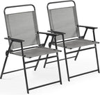 Yaheetech Outdoor Patio Chairs Set of 2, Folding Patio Chairs with Metal Frame, Armrests, Portable Dining Chairs for Camping, Lawn, Garden and Porch, Gray