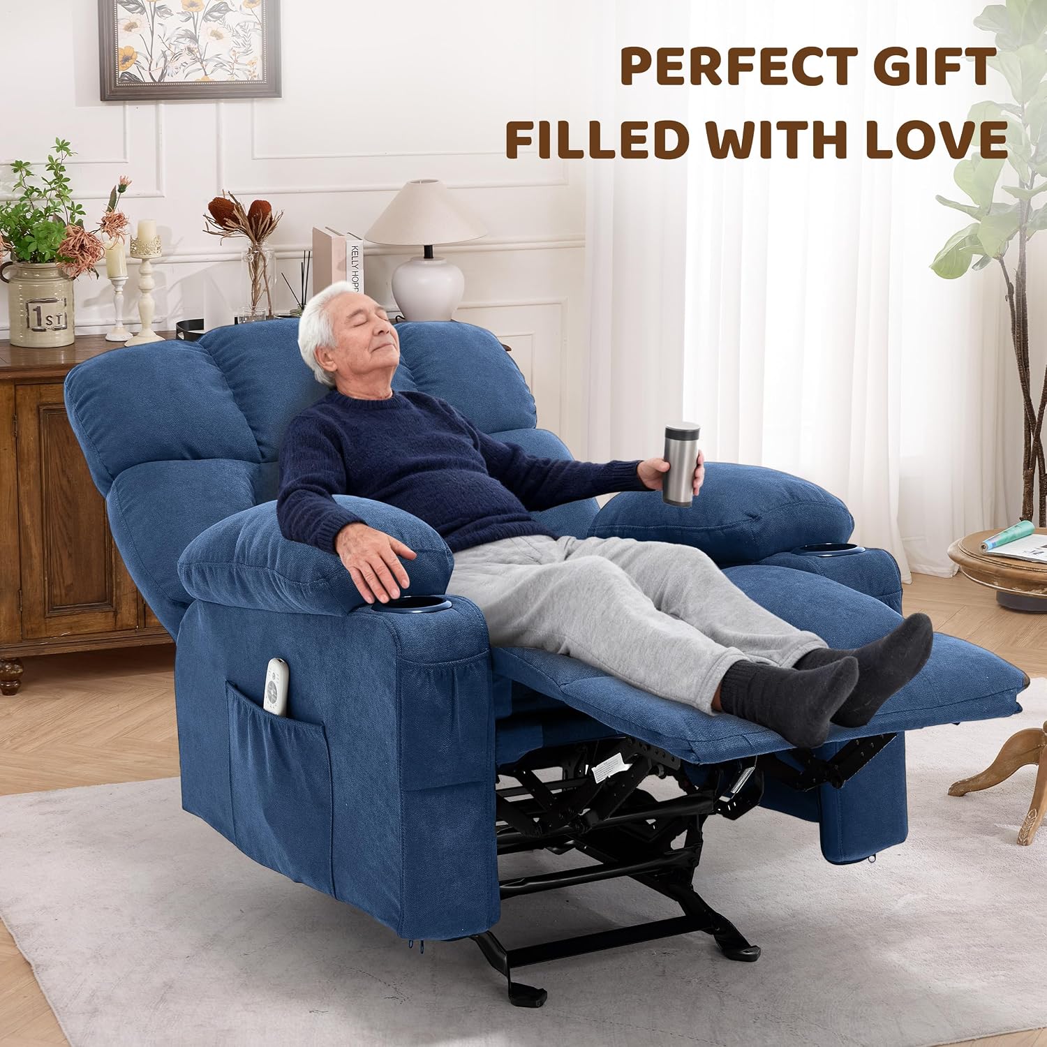 Massage Rocker Recliner Chair for Living Room, Vibration Massage Heat,Blue | USB Charge Port, 4 Pockets, 2 Cup Holders, Ergonomic Comfy Recliners, Sofa Chair, Reading & Bedroom Chair