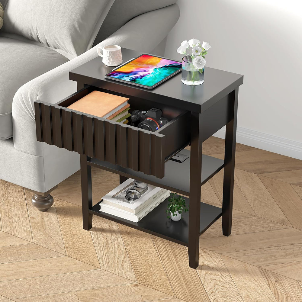 3imothrix Narrow End Table with Charging Station, Fluted Side Table with Draw...