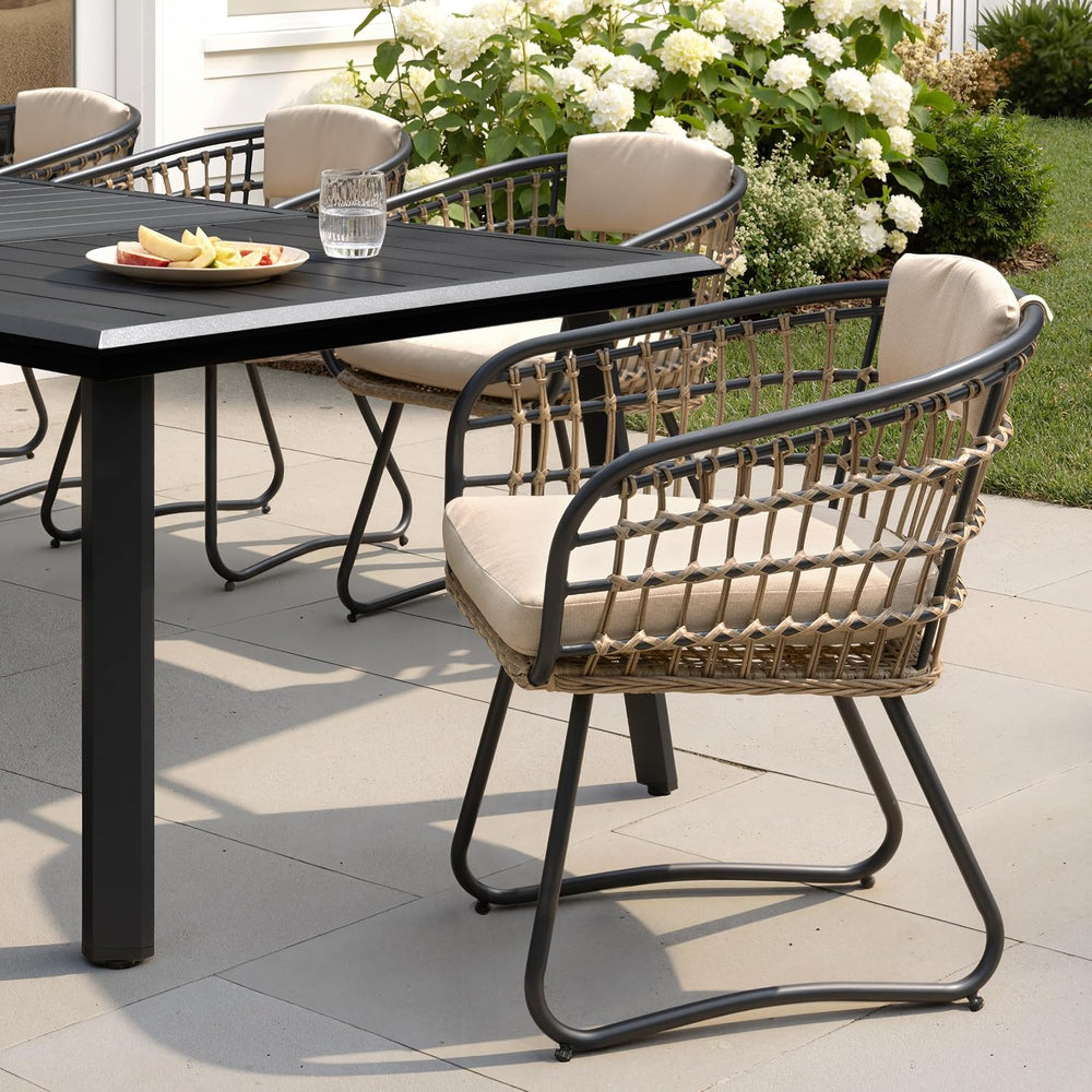 7 Piece Outdoor Dining Set for 6, Aluminum Table & Wicker Chairs