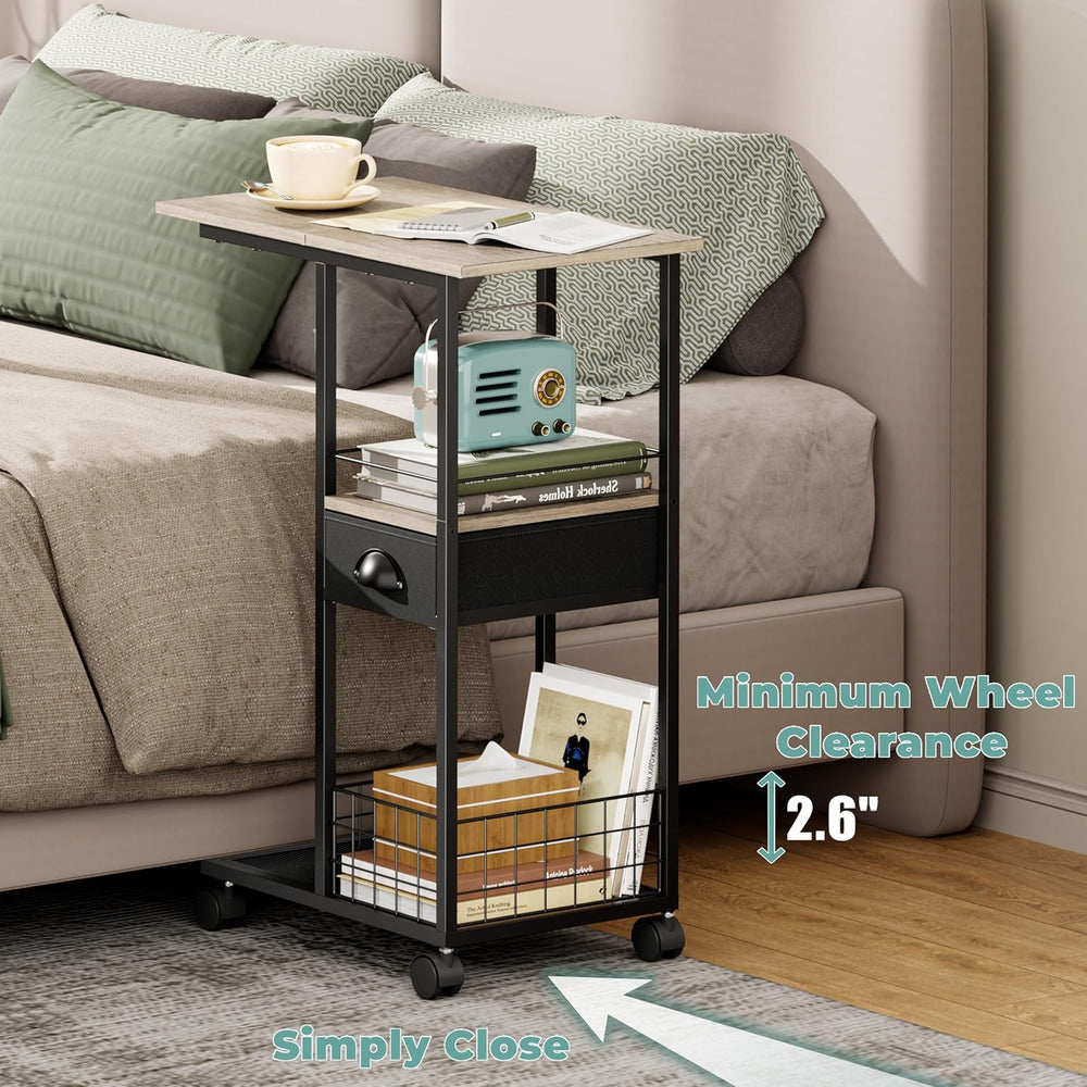 Rolling C Shaped Side Table with Storage Drawer, Ivory Portable Desk on Wheel...