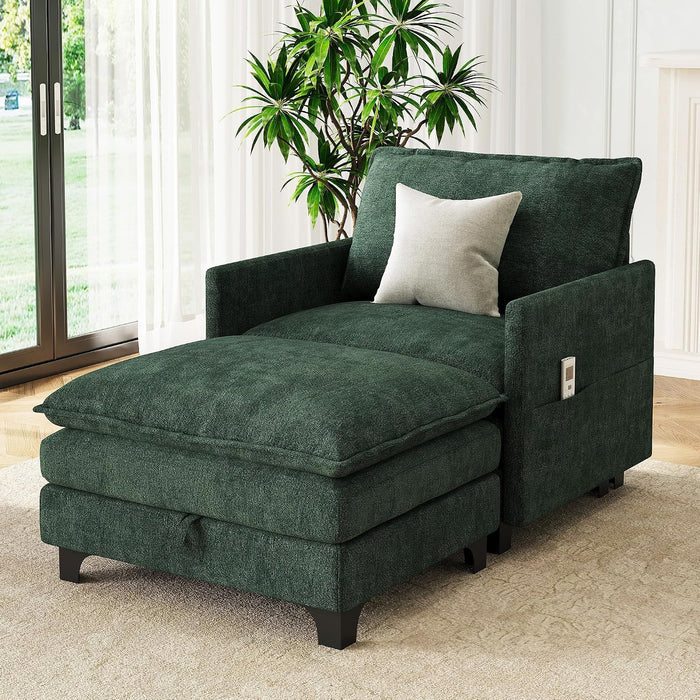 Accent Sofa Chair with Storage Ottoman, Cloud Sigle Couch with Side Pocket for Living Room, Bedroom and Apartment, Green