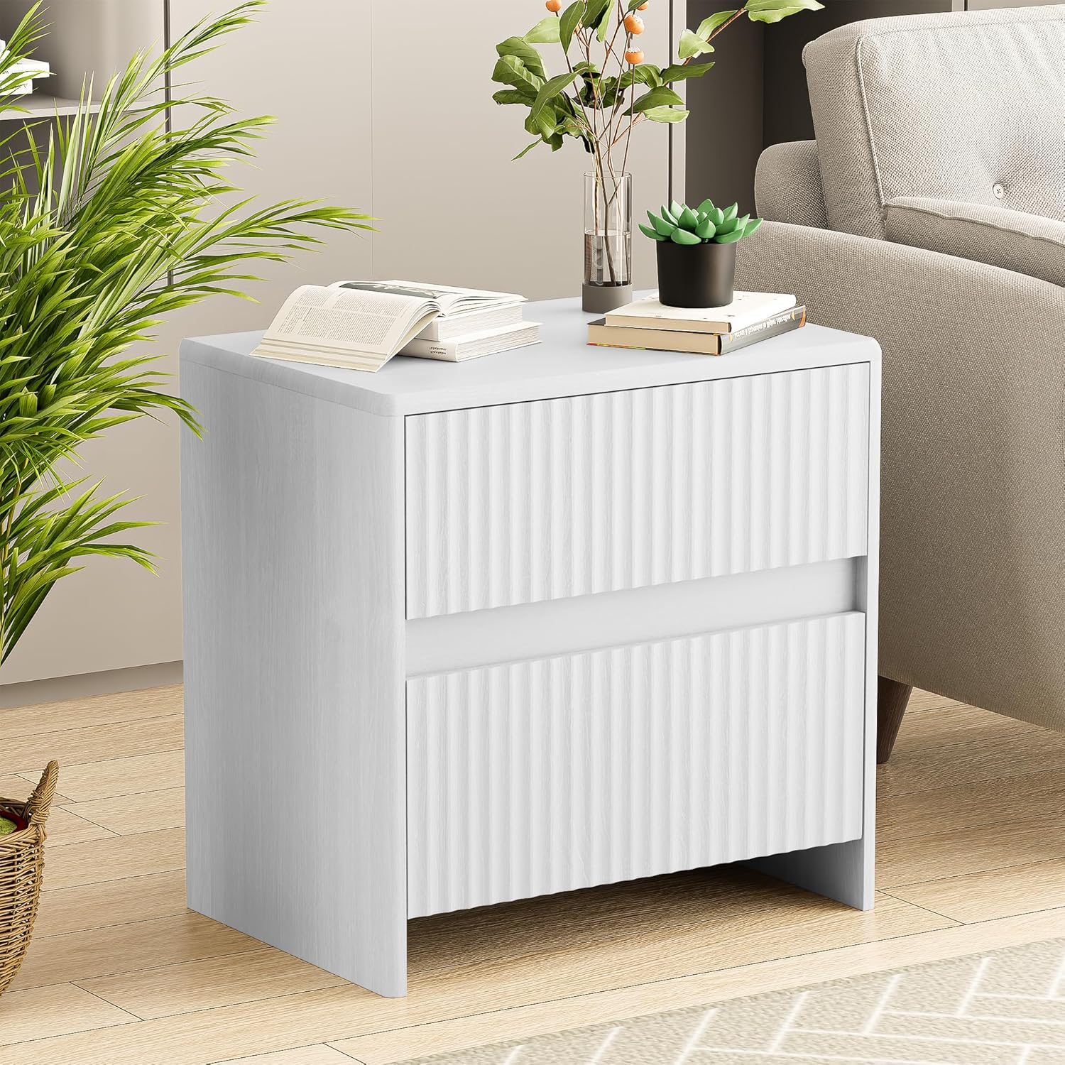 White Nightstand Set of 2, 23" Wood Bedside Table with 2 Storage Drawers, Modern Night Stand for Bedroom, Office