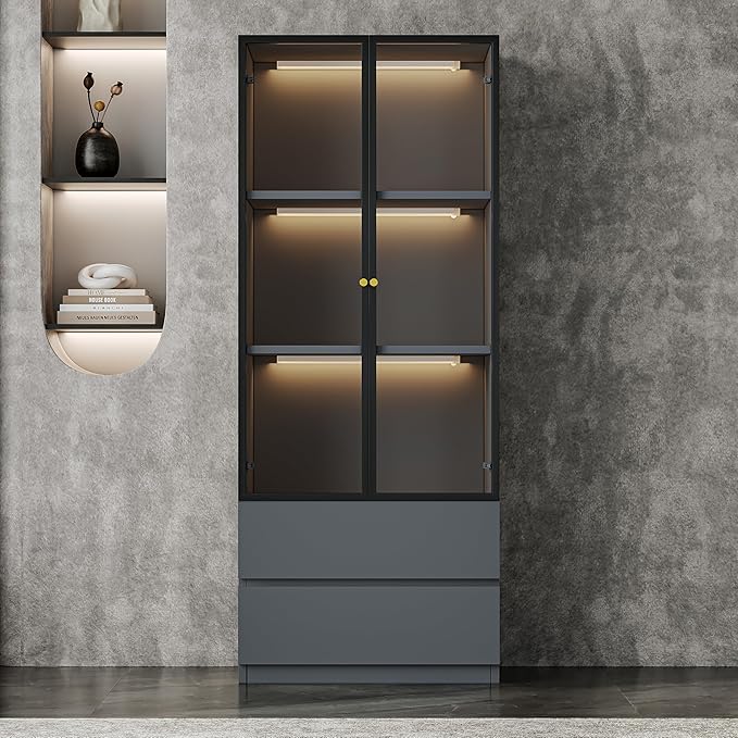 Modern Grey Lighted Glass Display Cabinet with Two Drawers, Dining China Hutch with 3 Tiers Storage Shelves, Wooden Curio Display Showcase for Living Room Kitchen (A-23'' Glass Cabinet)
