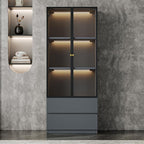 Modern Grey Lighted Glass Display Cabinet with Two Drawers, Dining China Hutch with 3 Tiers Storage Shelves, Wooden Curio Display Showcase for Living Room Kitchen (A-23'' Glass Cabinet)