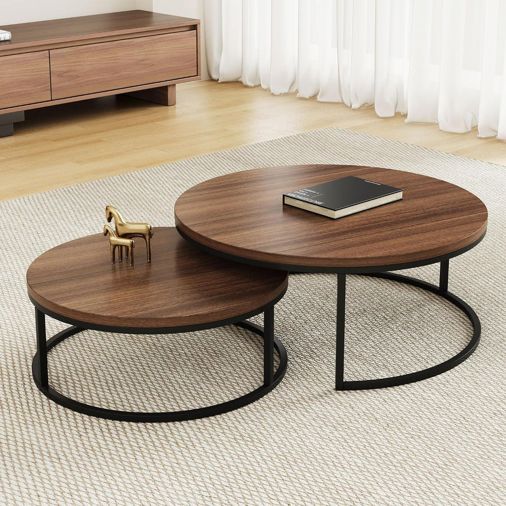 31.5" Round Coffee Table Set of 2, Nesting Cocktail End Tables | Small I...