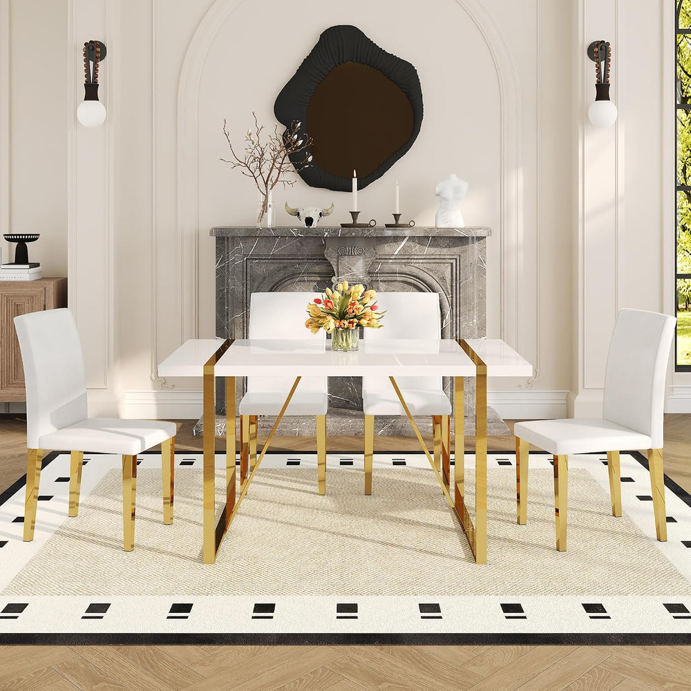 55" White Dining Table Set for 4, Modern Dining Table Set for 4, White G...