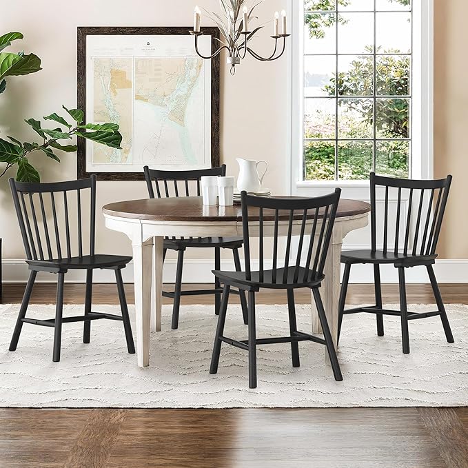 LUE BONA Upgraded Dining Chairs Set of 6, Farmhouse Wooden Spindle Back Kitchen Chairs, Windsor Dining Chairs for Kitchen and Dining Room, Black