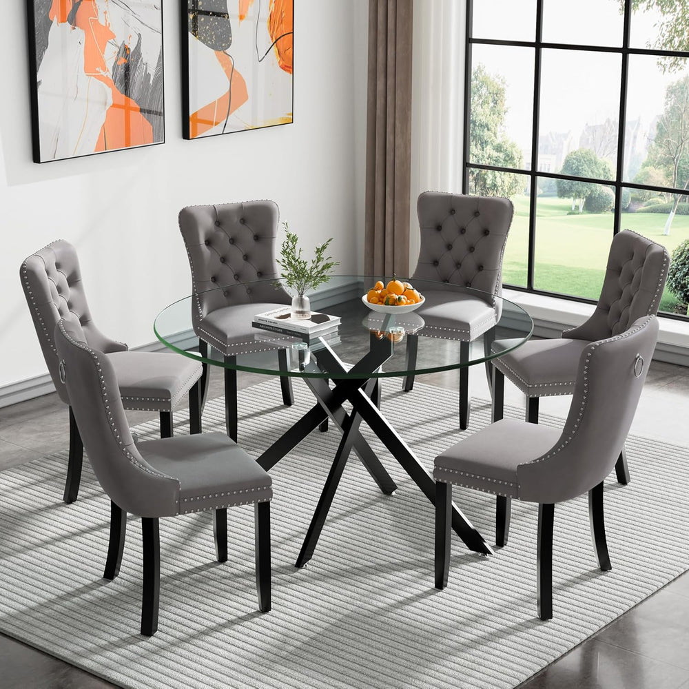 Round Glass Dining Room Table Set for 6, 7-Piece Dining Table Set with 47.2&q...