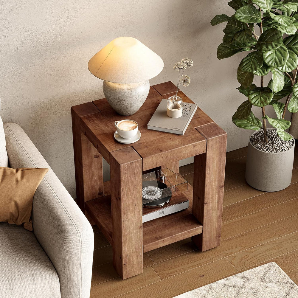 Solid Wood Side Table Set of 2, Farmhouse 2-Tier End Tables with Storage Shel...