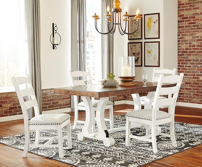 Signature Design by Ashley Valebeck Farmhouse Cushioned Dining Chair, 2 Count, Nailhead Trim, Fabric Upholstery, Solid Wood, 39" Seat Height, Whitewash