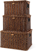 Nonam Wicker Storage Basket with Lid, Large Shelf Baskets for Boho Decor, Plastic Basket, Lidded Home Storage Bins - Stackable Containers Boxes for Organizing - Brown