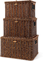 Nonam Wicker Storage Basket with Lid, Large Shelf Baskets for Boho Decor, Plastic Basket, Lidded Home Storage Bins - Stackable Containers Boxes for Organizing - Brown