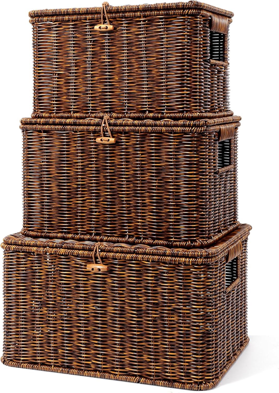 Nonam Wicker Storage Basket with Lid, Large Shelf Baskets for Boho Decor, Plastic Basket, Lidded Home Storage Bins - Stackable Containers Boxes for Organizing - Brown