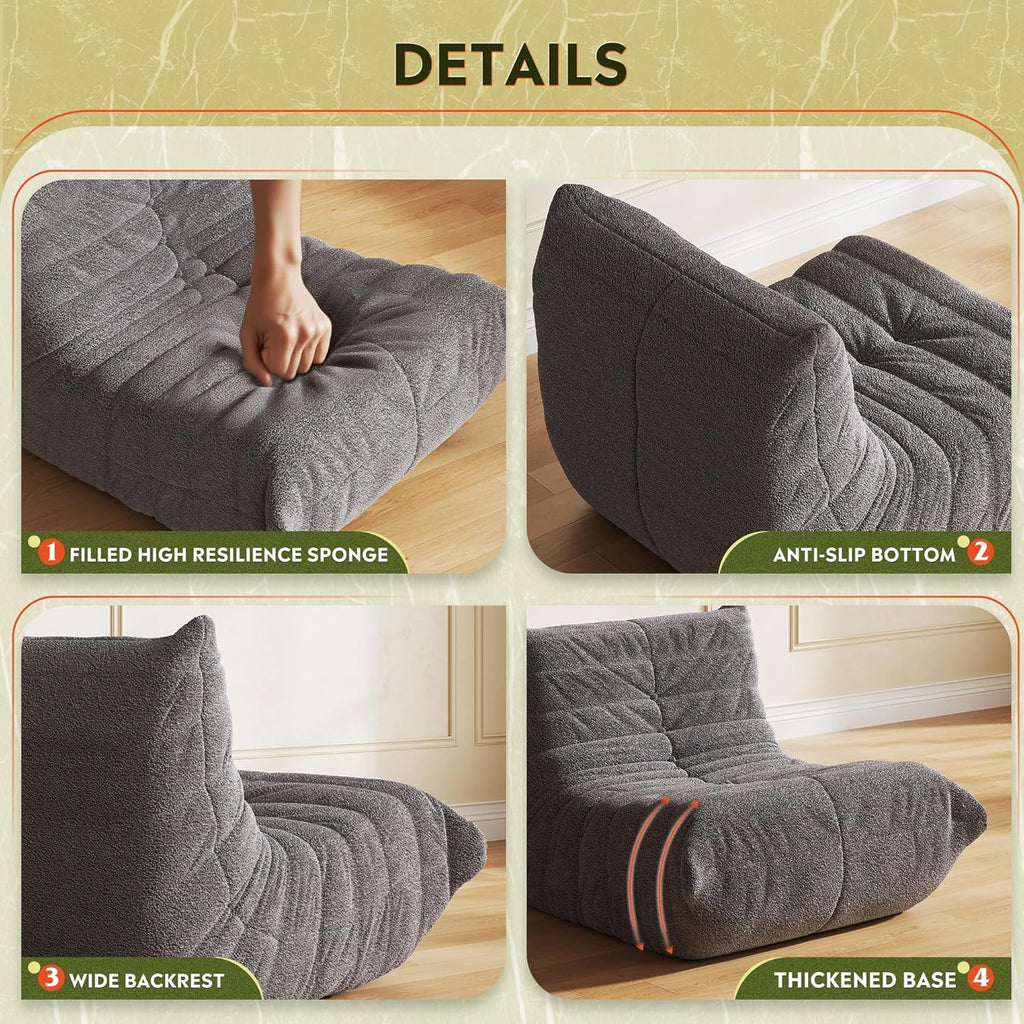 WLIVE Bean Bag Chair for Adults, Teddy Fleece Togo Chair, Giant, Memory Foam, for Living Room and Bedroom, Single, Grey