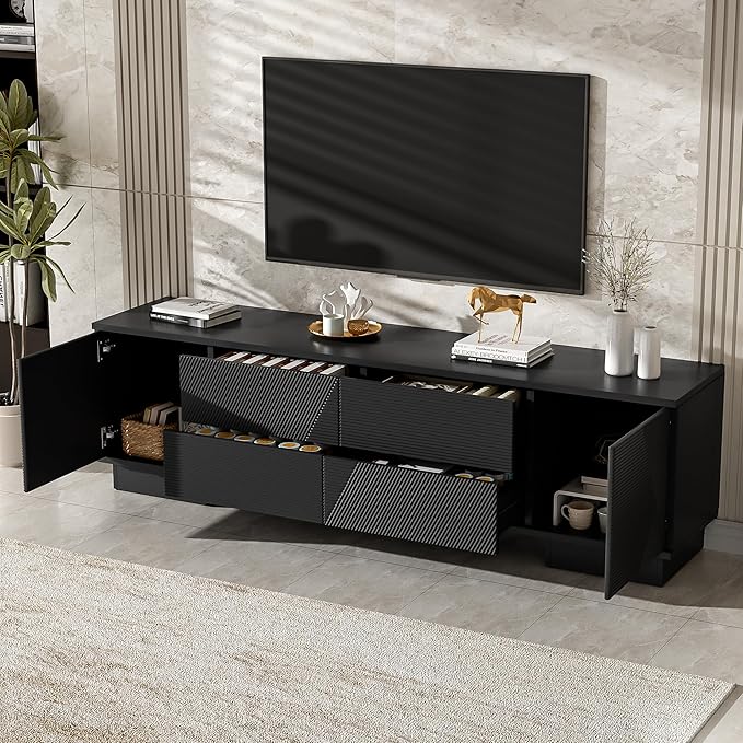 Merax 70.8 inch Modern TV Stand for TVs up to 75 Inches, Entertainment Center with Storage Cabinets & 4 Drawers, Minimalist Media Console with Metal Center Leg & Anti-Tip Device for Living Room, Black