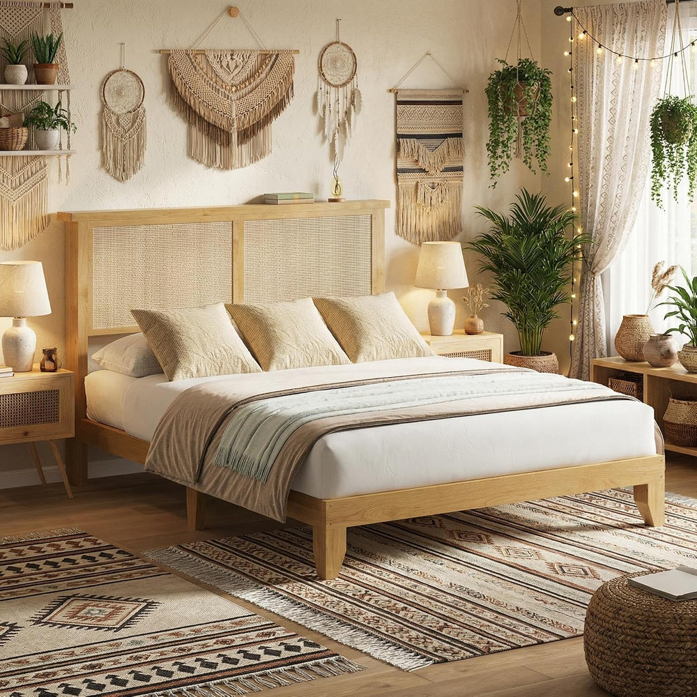 Rattan Bed Frame Full Size with Natural Rattan Headboard & LED Lights