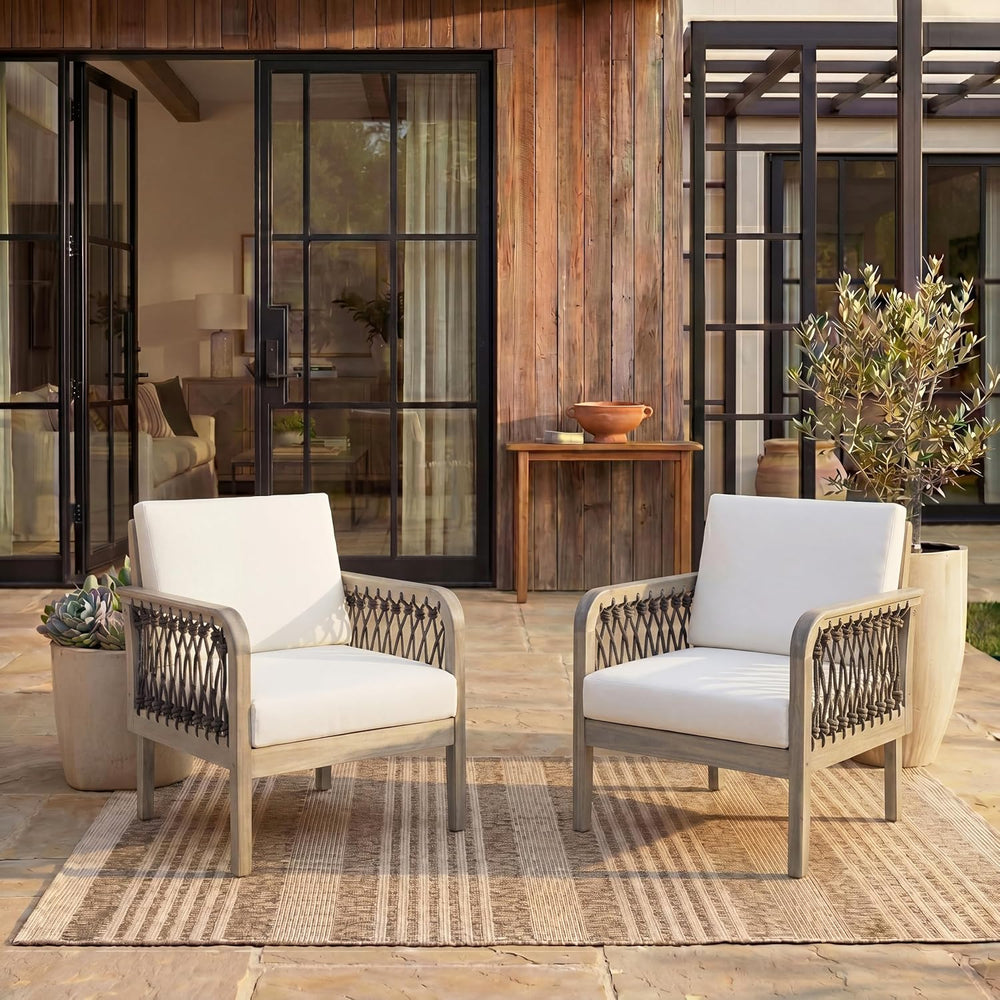 Outdoor Acacia Wood Club Chair with Handwoven Rope, Weather-Resistant, Set of...