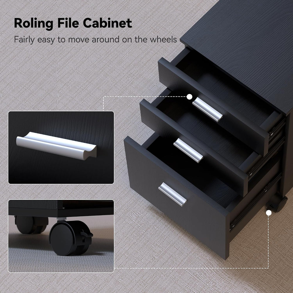3 Drawer Storage Cabinet,Preassembled Black Wooden Organizer for Files,Under ...