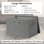 Large 17" 36 Quart Collapsible Stackable Storage Bins with Lids, 1 Pack Grey Foldable Fabric Closet Storage Boxes with Lids, 4 Handles Heavy-duty Linen Cube Baskets for Bedroom