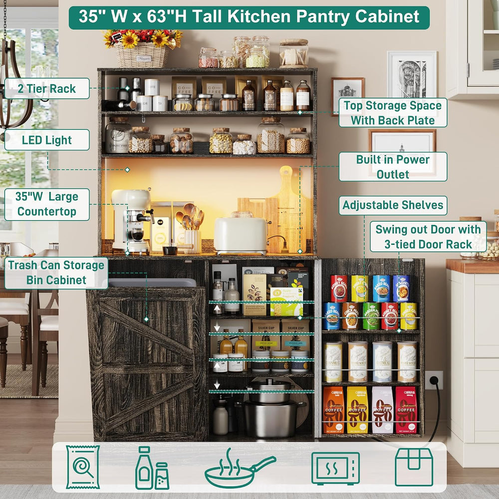 Squireewo 63" H Pantry Cabinets with 10 Gallon Trash Can,Led Light,Outle...
