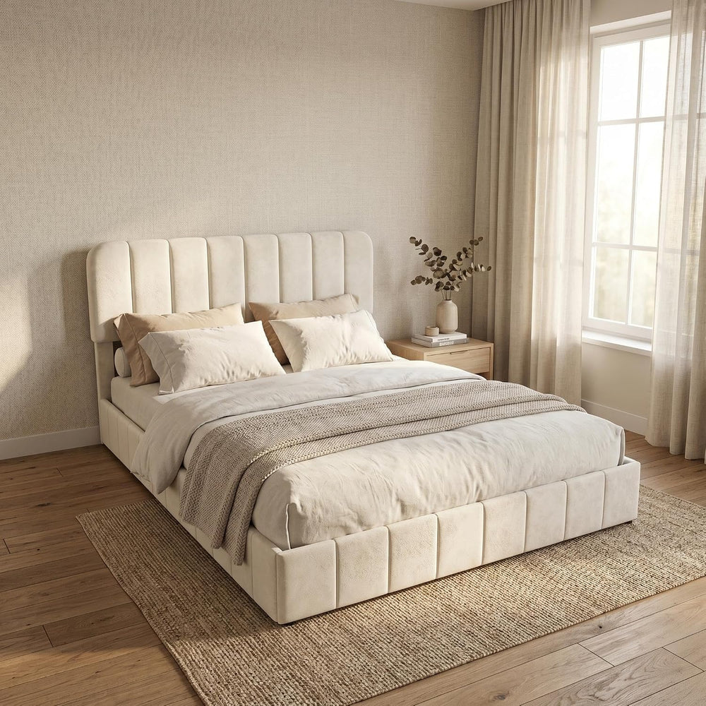 IDEALHOUSE King Size Velvet Bed Frame with Adjustable Headboard, Beige