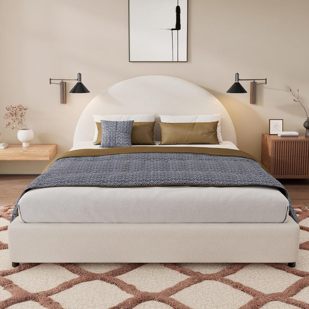 Peanu Queen Bed Frame, Boucle Upholstered Curved Headboard, White