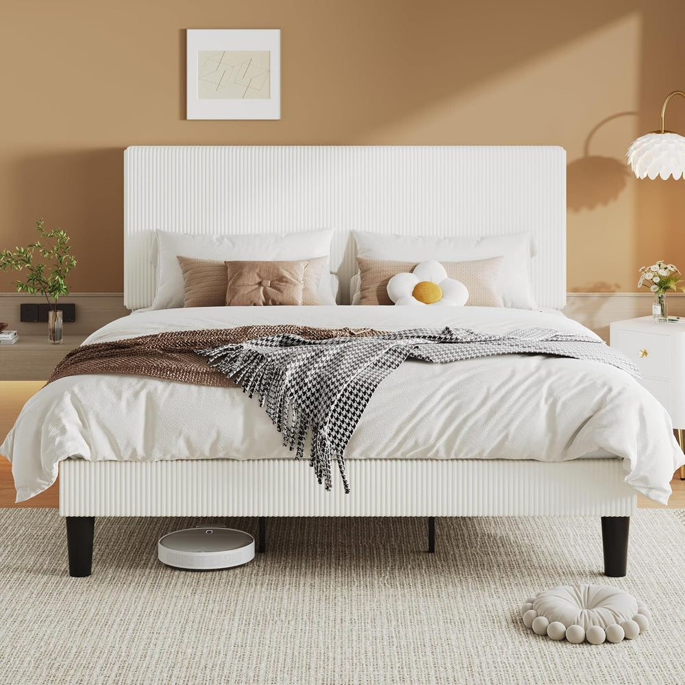 Allewie King Bed Frame, Corduroy Tufted Headboard, White