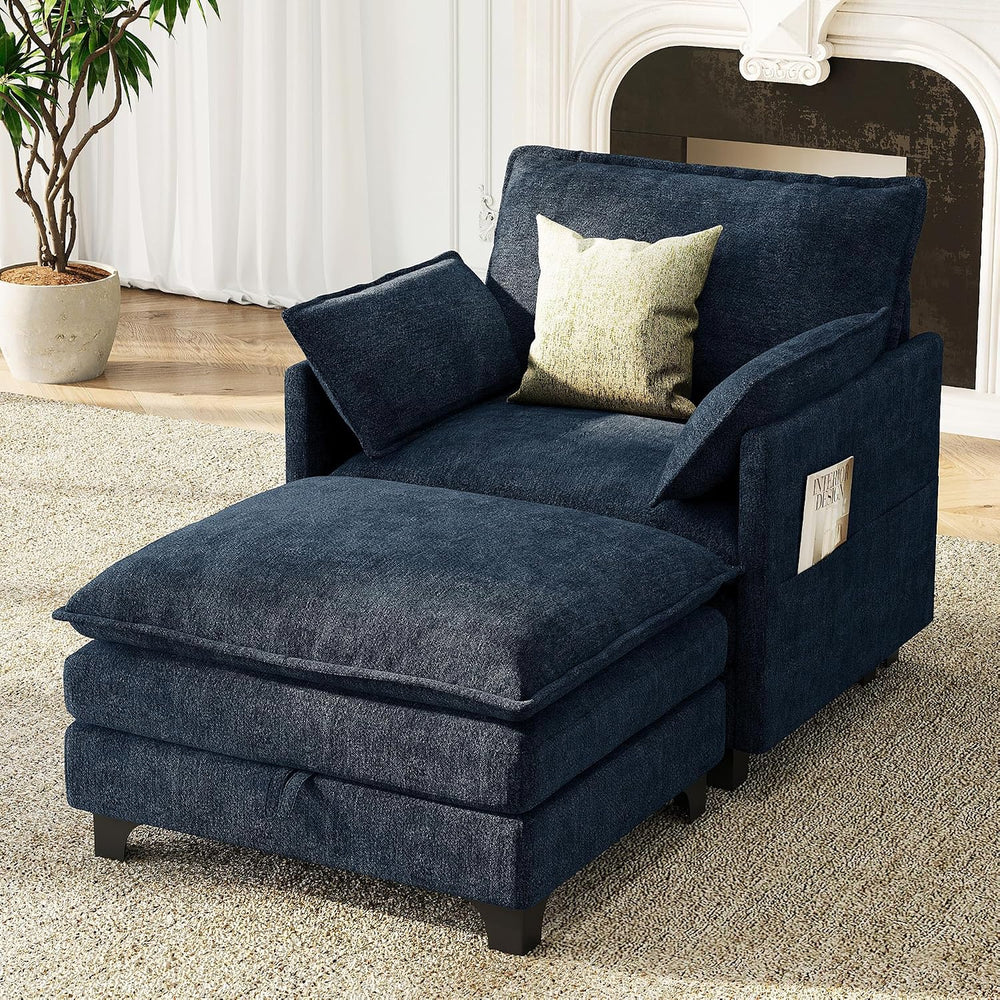 Accent Sofa Chair with Storage Ottoman, Cloud Sigle Couch with Side Pocket fo...