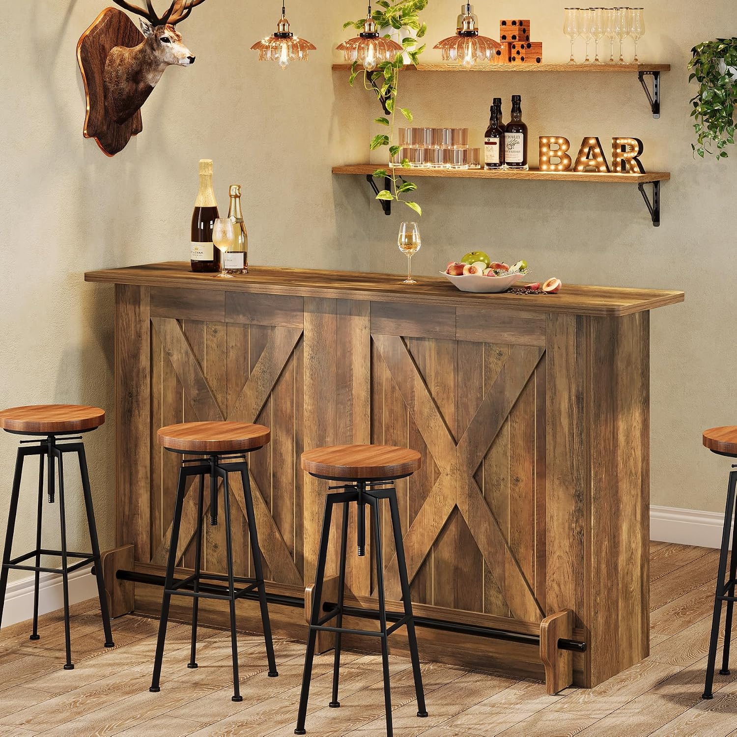 Tribesigns 63'' Bar Table, 2-Tier Bar Cabinet Pub Table with Footrest | Modern Coffee Cabinet for Home Kitchen, Bar Height Table for Bistro, Dining Room, Living Room (1, Brown)