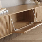 POVISON 94.49" Wood Fully-Assembled Sliding Tambour Door TV Stand, Oak | Mid Century Modern TV Console, Adjustable Shelves, Media Console for 85-98 Inch TV, Soft Close Cabinet Door, Storage Space