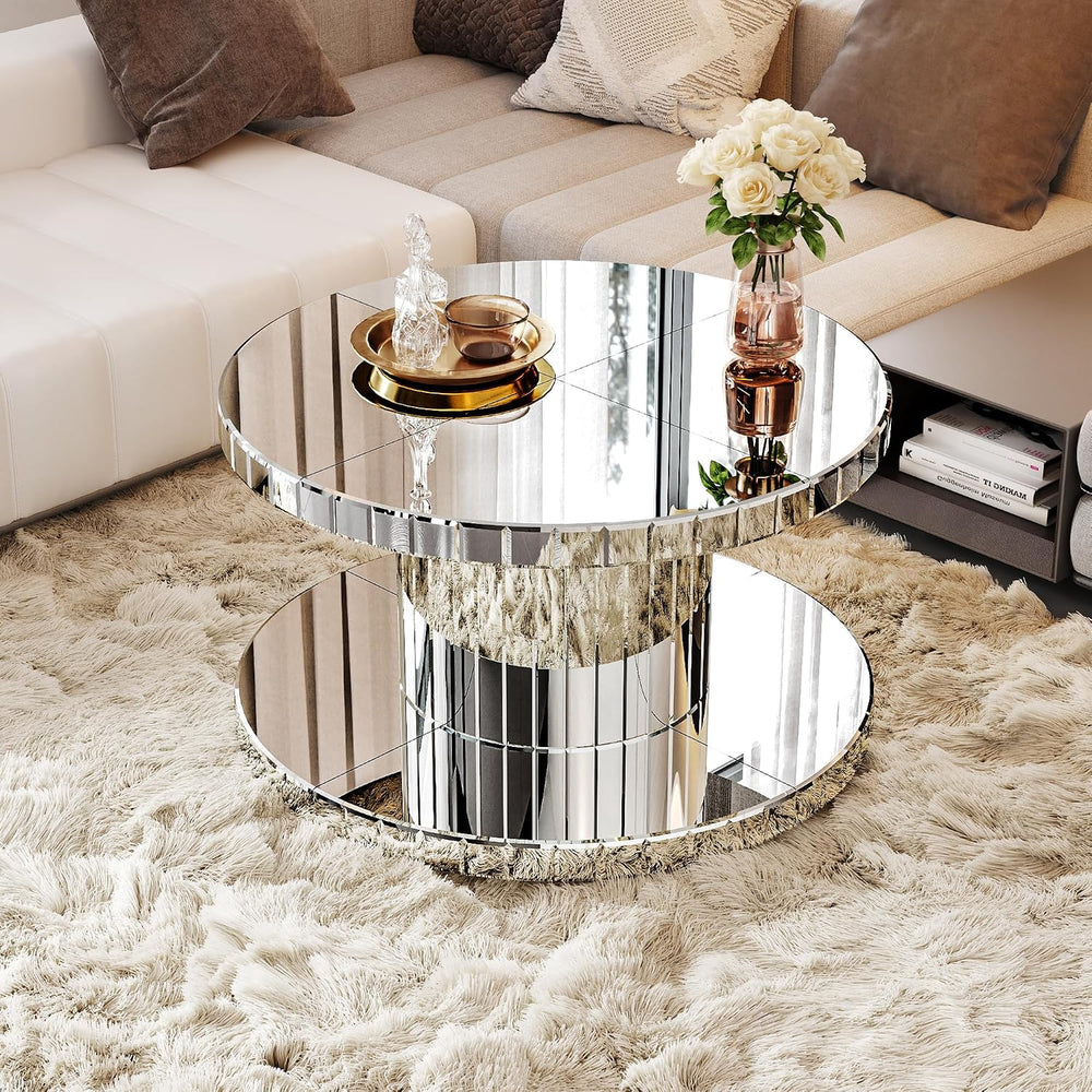 Double Tier Luxury Round Mirror Coffee End Table with Glass 31.5" Diamet...