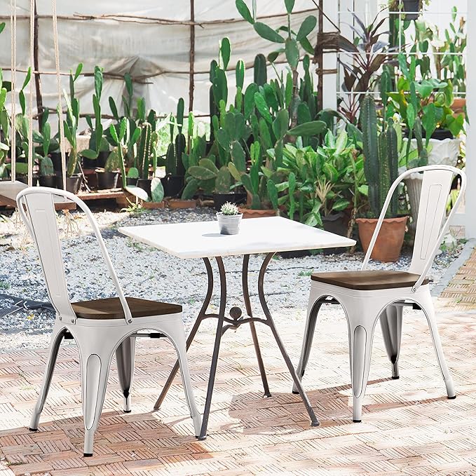 Yaheetech Metal Dining Chairs Set of 4, Industrial Stackable Kitchen Chairs with Wood Top Seat for Dining Room/Restaurant/Bistro/Patio, Indoor & Outdoor Use, White