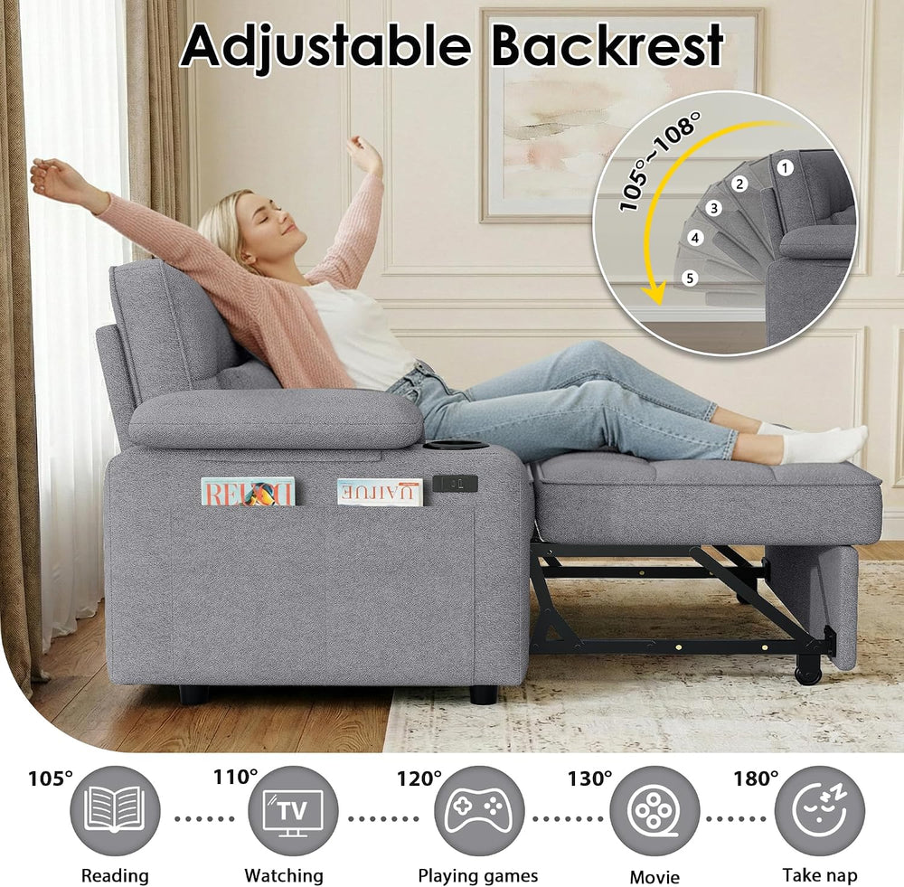 58'' Convertible Sofa Bed with USB Charger and Cup Holders, Teddy Fab...