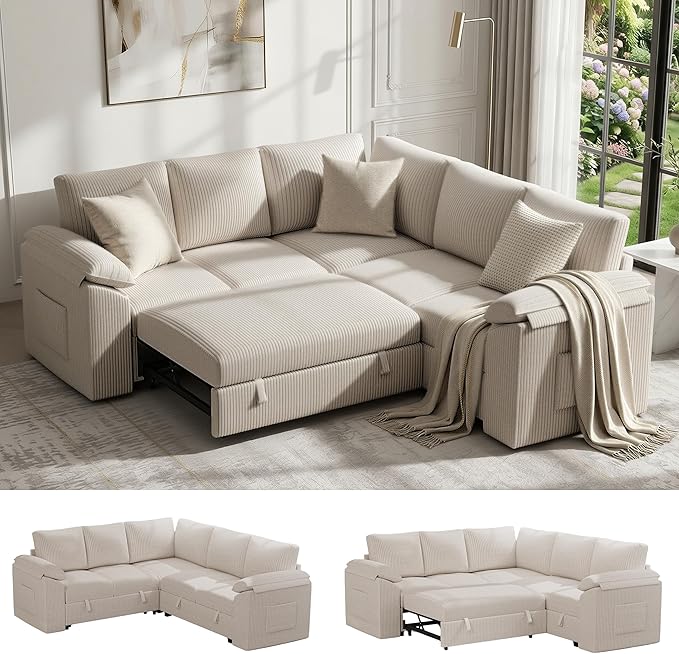 85 Inch Modular Sectional Sofa with Pull Out Couch Bed, L Shaped 5 Seat Sectional Couch with Storage, Corduroy Sectional Couches for Living Room, Cloud Modular Couch, Removable Sofa Cover, Beige
