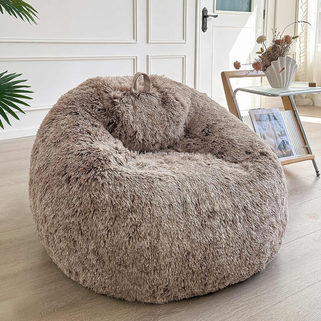 LIFEREVO Faux Fur Stuffed Animal Storage Bean Bag Chair Cover (No Filler), Washable Fluffy Large Bean Bag Cover for Adults Girls, Furry Beanbag Cover for Textile Plush Toys Memory Foam (Ombre Khaki)