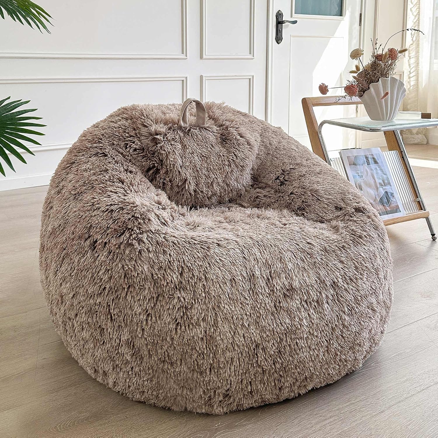 LIFEREVO Faux Fur Stuffed Animal Storage Bean Bag Chair Cover (No Filler), Washable Fluffy Large Bean Bag Cover for Adults Girls, Furry Beanbag Cover for Textile Plush Toys Memory Foam (Ombre Khaki)