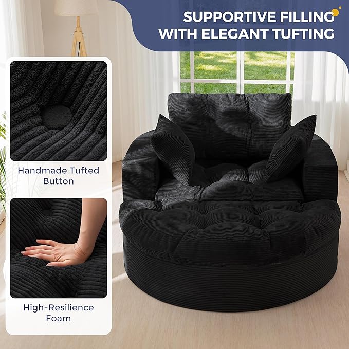 MAXYOYO Modular Sectional Chaise Lounge Sofa, Round Upholstered Lounge Chair with Ottoman, Comfy Couch with Layered Cushion, Tufted Sleeper Chair for Living Room, No Assembly, Black