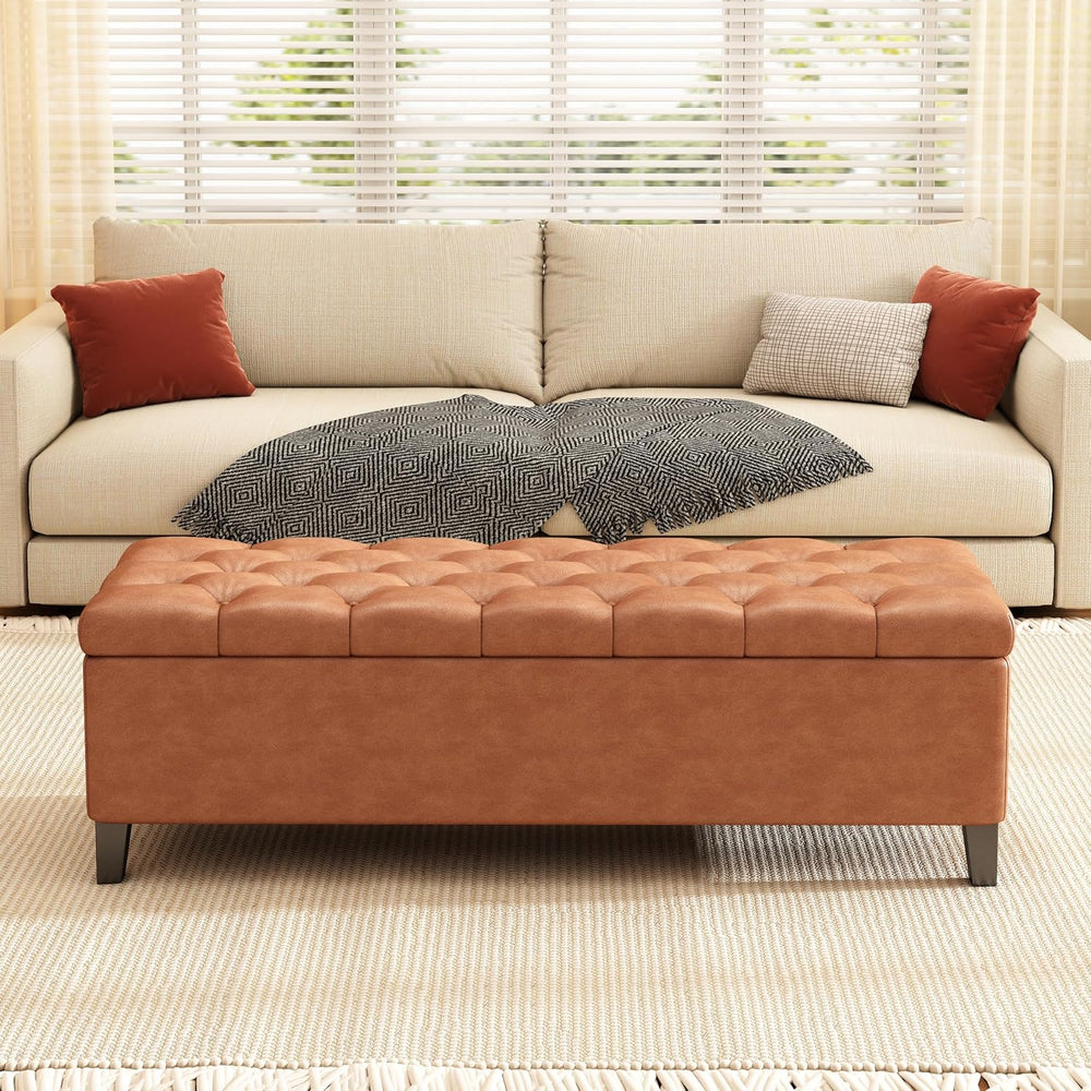 PU Storage Ottoman Bench - Leather Storage Bench End of Bed with Safety Hinge...