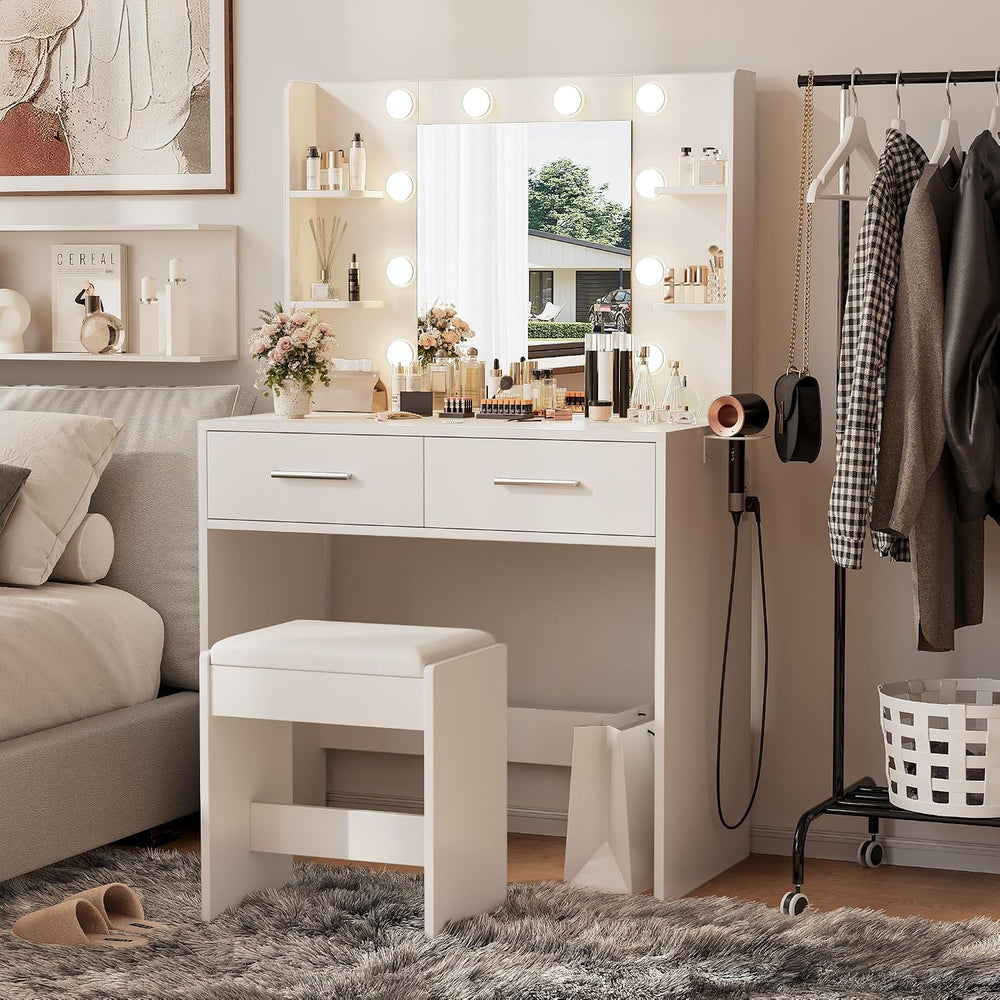 Furmax Makeup Vanity Desk with Mirror and Power Outlet, White | 3 Color Light...